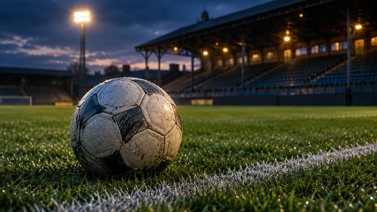 Football on a floodlit pitch beside an empty stand